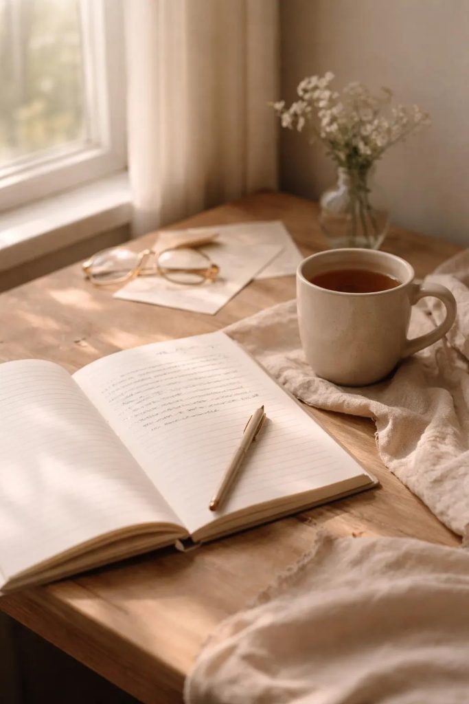 Notebook and tea on table