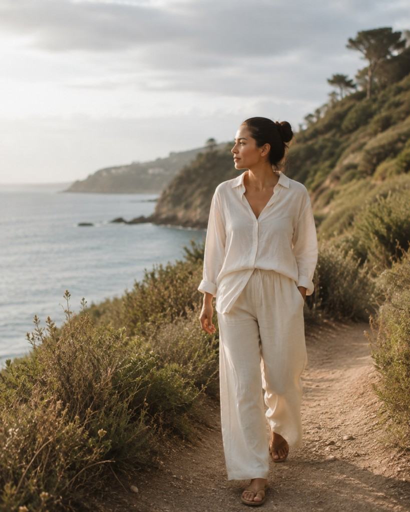 Woman walking along coastal path